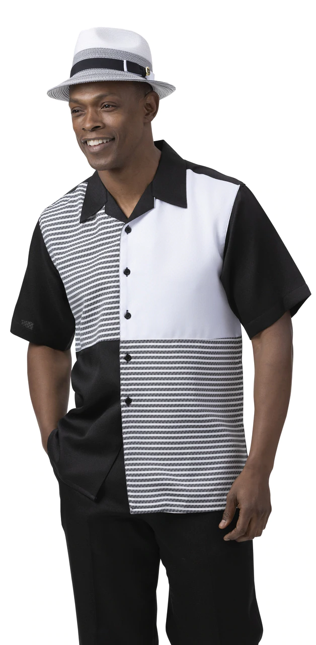 Montique Black / White Multi-Patterned Short Sleeve Two Piece Walking Suit 2082